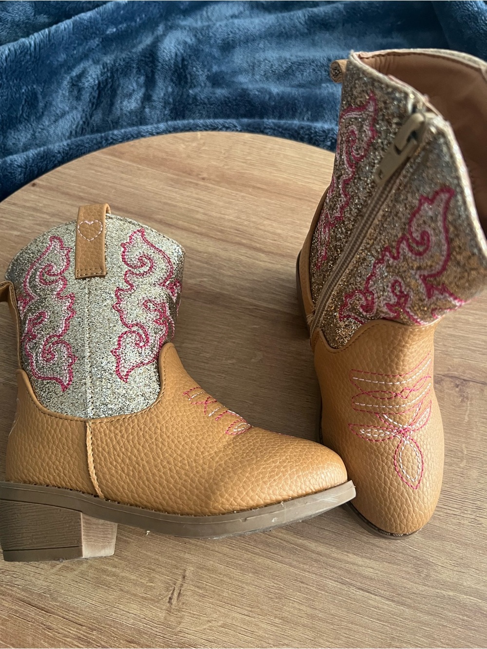 PAWZ Tan and Gold Glitter Kids Western Ankle Boots with Pink Stitching